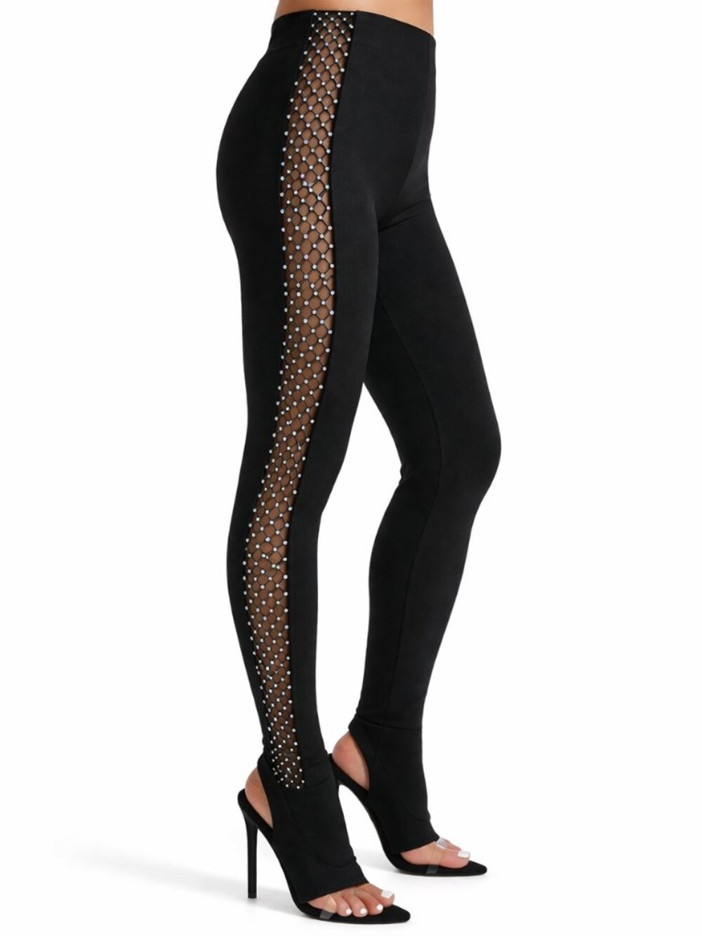 Women’s Black Mesh Rhinestone Leggings, S with Clear Strap Heels 6.5